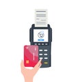 Credit card processing service. Hands close up accept contactless payments using terminal machine.