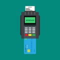 Credit card reader banking paying device atm vector icon top view. Commercial flat service cashless machine pos terminal