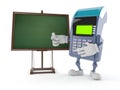 Credit card reader character with blank blackboard