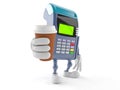 Credit card reader character holding coffee cup Royalty Free Stock Photo