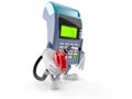 Credit card reader character holding gasoline nozzle Royalty Free Stock Photo