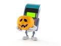 Credit card reader character holding jack o lantern Royalty Free Stock Photo