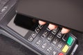 Credit card reader and mobile phone using for cashless paying. Payment terminal. Finance concept