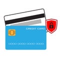 Credit card with shield icon on white background. flat style. secure credit card locked sign. safety badge banking concept.