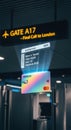 A credit card is shown on a screen in front of a sign that says Gate A17 Royalty Free Stock Photo