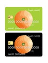 Credit card template black and green with blue fruit set. Front side template.