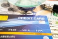 Credit card on US dollar banknotes Royalty Free Stock Photo