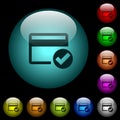 Credit card verified icons in color illuminated glass buttons