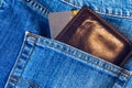 Credit card in wallet in pocket of jeans, closeup. Closeup of wallet and credit card in jeans trousers pocket Royalty Free Stock Photo