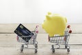 Credit card and yellow piggy bank on shopping cart. Concept of online shopping and money saving