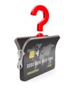 Credit card with zipper and question on white background. Isolated 3D illustration