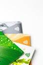 Credit cards with contactless payment. Pile of credit cards on white isolated background Royalty Free Stock Photo