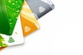 Credit cards with contactless payment. Pile of credit cards on white isolated background Royalty Free Stock Photo