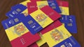 Pile of credit cards with flag of Andorra. 3D rendering