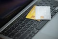 Credit cards on the laptop keyboard. Open access for online shopping, Credit card close up shot with selective focus, Concept of Royalty Free Stock Photo