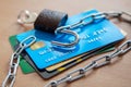 Credit cards with an open lock and chain. Open access to the use of electronic money Royalty Free Stock Photo