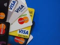 Credit cards over blue with copy space