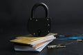 Credit cards, padlock and key on slate table. Protection from cyber attack Royalty Free Stock Photo