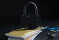 Credit cards, padlock and key on slate table. Protection from cyber attack Royalty Free Stock Photo