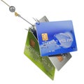 Credit cards on quadruple fishing hook fraud concept 3d illustration Royalty Free Stock Photo