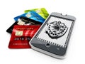 Credit cards and shield shaped vaulted door on smartphone Royalty Free Stock Photo