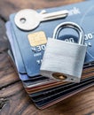 Credit cards and simle mechanical lock Royalty Free Stock Photo