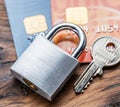 Credit cards and simle mechanical lock Royalty Free Stock Photo