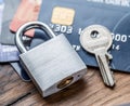 Credit cards and simle mechanical lock Royalty Free Stock Photo