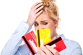 Credit Crunch Stressed Woman Holding Credit Cards Royalty Free Stock Photo