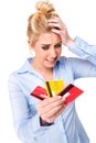 Credit Crunch Stressed Woman Holding Credit Cards Royalty Free Stock Photo