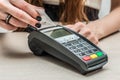 Credit or debit card password payment. Customer hand is entering personal identification number in shop or supermarket Royalty Free Stock Photo