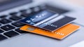 Credit and debit cards on laptop keyboard for online transactions Royalty Free Stock Photo