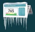 A credit freeze, or freeze on your credit report is represented with icicles and snow on a mock credit report isolated on the
