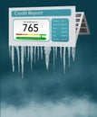 A credit freeze, or freeze on your credit report is represented with icicles and snow on a mock credit report isolated on the