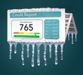 A credit freeze, or freeze on your credit report is represented with icicles and snow on a mock credit report isolated on the back