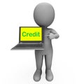 Credit Laptop Character Shows Financing Or Loans For Purchasing