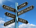 Credit Loan Mortgage Signpost Showing Borrowing Finance And Debt Royalty Free Stock Photo