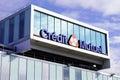 Credit mutuel french bank logo signage on modern office building facade headoffice