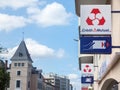 Credit Mutuel logo in front of their local bank in Lyon. Credit Mutuel is a cooperative bank, one of main french banks & insurance