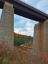 The Credit River And Fall Colours Seen Between Two Train Trestle Pillars Royalty Free Stock Photo