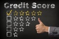 Credit score five 5 star rating. thumbs up service golden rating stars on chalkboard