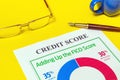 The credit score form on the yellow office desk with glasses and pen Royalty Free Stock Photo