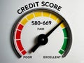 Credit Score gauge meter within fair range 580 to 669 Royalty Free Stock Photo