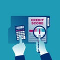 Credit score, gauge. Study credit information. Hold calculator and magnifying glass. Royalty Free Stock Photo