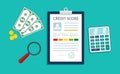Credit score. Infographic of loan report. Personal credit history. Good finance rate. Document with graph and chart. Check