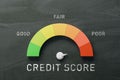 Credit score meter on a blackboard indicating fair to poor range. Financial assessment concept.