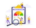 Credit score report with arrow gauge speedometer indicator with color levels on giant clipboard. Royalty Free Stock Photo
