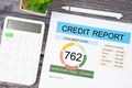 The Credit score report document and pen with calculator on the desk Royalty Free Stock Photo