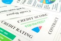 Credit score, report, rating and contract on the table.
