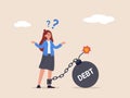 Credit slavery concept. Woman trying to go with huge weight of debt chained to his leg. Flat style vector illustration.